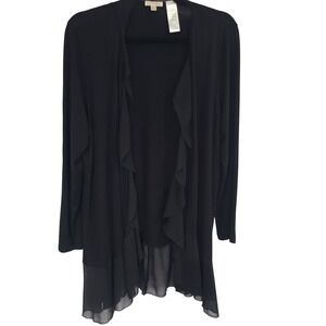 Rhonda Shear Women's Black Ruffle Open Front Cardigan Sheer Chiffon Hem Large